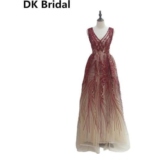 Charming Sparkle Evening Dresses Long A-Line V-Neck Sleeveless Beaded Burgundy Formal Dresses Robe De Soiree 2019 Evening Gown