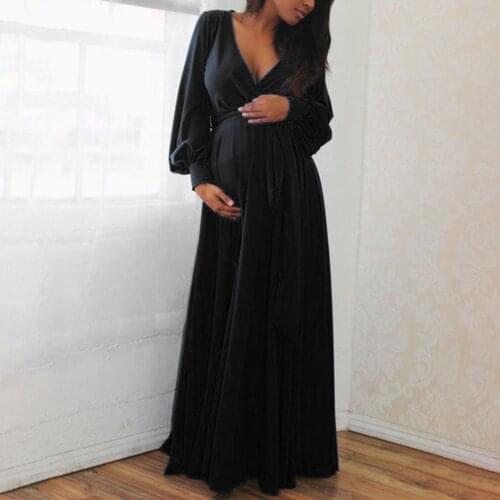Maternity Dresses Long Sleeve Women Summer V-neck Solid Color Bandage Maternity Elegant Long Dress Vestido Maternidade