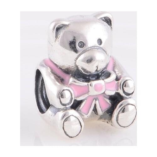 Pink Enamel Teddy Bear Thread Charm Beads Authentic 925 Sterling Silver For Women Jewelry Fit Pandora Bracelet Making