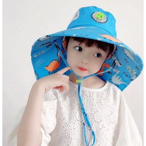 Doitbest Kids Bucket Hats Summer Panama breathable Sun Cap Cartoon dinosaur wide brim Boys Girls Outdoor Beach Fisherman Hat