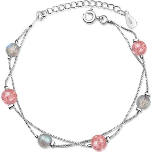 Personality simple gradient blue moonlight pink strawberry crystal double female silver plated bracelets JO026