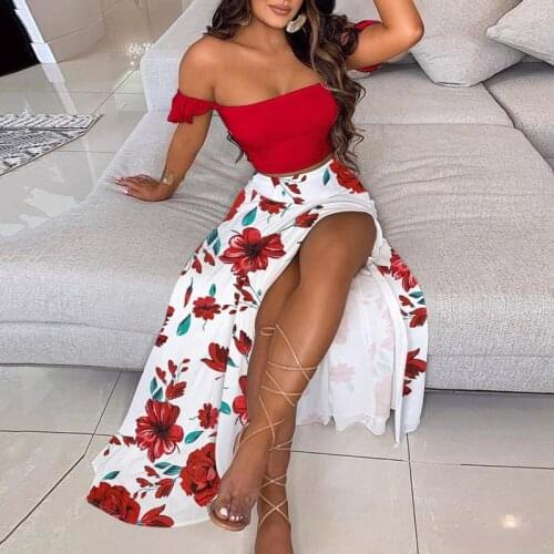 2021 Fashion Vintage Floral Print Two Piece Set Women Elegant Sexy Off Shoulder Tops And Split Long Dress Suit Summer Casual Set