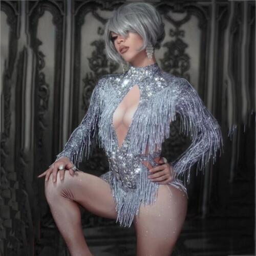Sparkly Silver Crystals Fringes Dance Costume Rhinestones Gloves Tassel Bodysuit Party Stage Dancewear Show Sexy Jumpsuit DT555