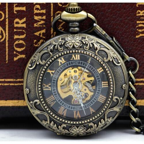 Vintage&Antiuqe Steampunk Mechanical Pocket Watches Necklace Retro Skeleton Fob & Pocket Watch with Fob Chain PJX052