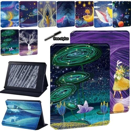 For Amazon Kindle 8th 2016/10th 2019/Paperwhite 1/2/3/4 oil painting series PU Leather Tablet Stand Cover Case+Free Stylus