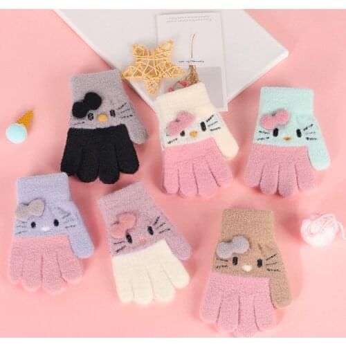 Childrens Knitted Warm Gloves For Boys Girls Winter Windproof Kawaii Fluffy Cute Cartoon Cold Proof Soft Cat Gloves