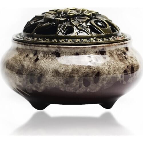 Porcelain Censer Sleep Aid Antique with Copper Cover Ceramic Buddhist Aromatherapy Diffuser Cone Sandalwood Incense Relax Yoga
