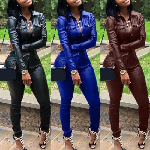 4 color S-XXXL Winter Overalls PU Leather shirt+Pencil pant tracksuit fashion sexy women set two pieces Jumpsuit casual Outfits