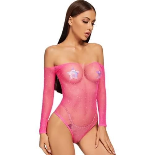 Fashion Bodysuit Sexy V Neck Mesh Diamonds Transparent Women Bodysuit Beachwear See Throught Fishnet Party Night Clubwear