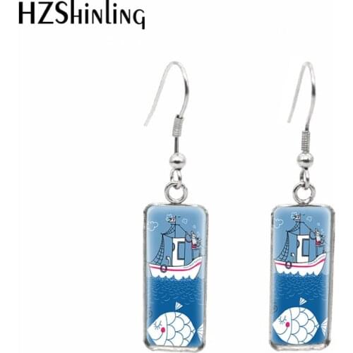 2020 New Love Boat Earring Sailboat illustration Rectangular Earring Hook Earrings Glass Dome Photo Jewelry
