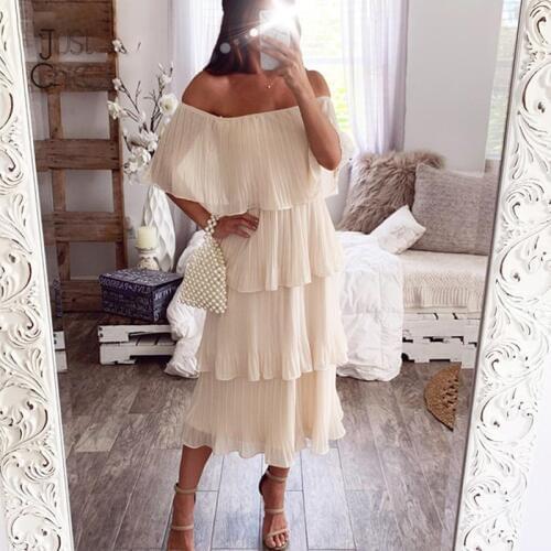 Justchicc Loose Chiffon Beach Dress Women Off Shoulder Slash Neck Strapless Ruffle Sleeve Elegant Summer Dress Party Vestidos