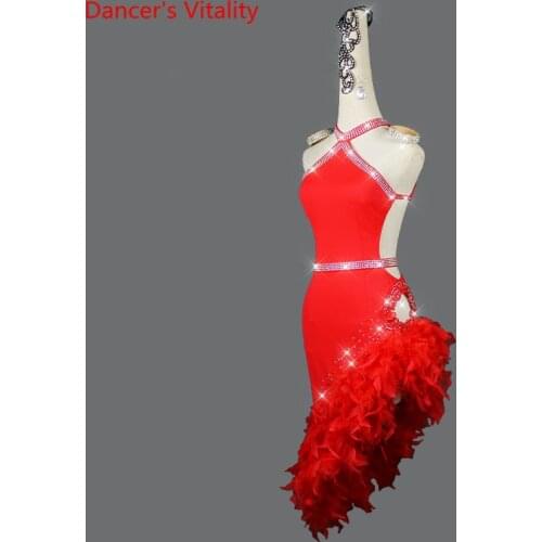 Latin Dancing Dress Suspenders Feather Skirt Competition Suit High-end Professional Custom Sexy Female Adult Dance Wear