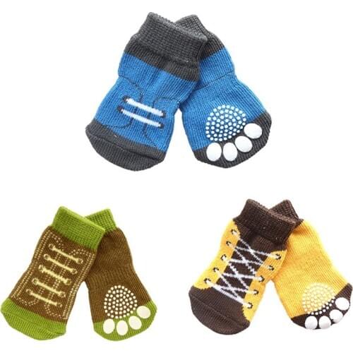 Anti Slip Pet Warm Sock Pet Puppy Dog Socks Soft Knit Bottom Socks Clothes Apparels Weave Skid Bottom Dog Socks Pet Gift 4 Pcs