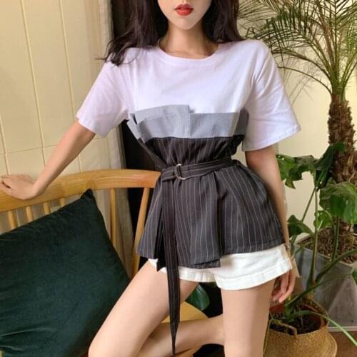Plus size Patchwork T Shirt Women Stripe Loose Tops T-shirt Korean Fake Two Piece Tops Streetwear Oversize T Shirt Women 2021