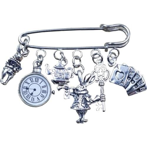 Retro Siver Plated Alice in Wonderland Rabbit Bunny Clock Poker Teapot Style Safety Cartoon Brooch Women Gift CX001-014