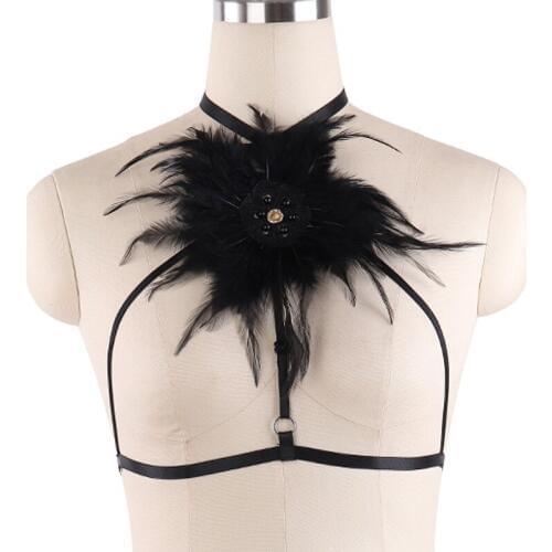 Sexy Fetish Goth Feather Cage Bralette Flowers Crop Tops Body Harness Rave Pole Dance Feather Bondage Harness belt