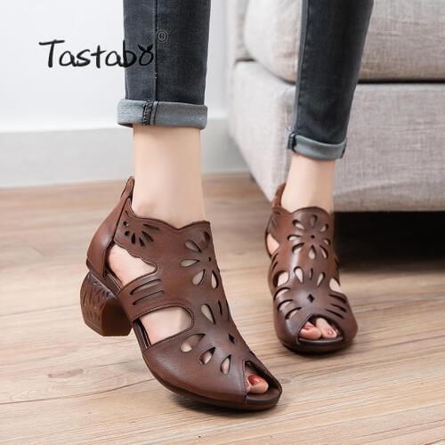 Tastabo manual Genuine Leather With heel Womens shoes Leisure style Brown Apricot S2615 cutout upper All-match shoes with heels