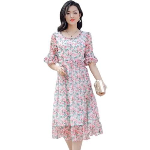 TLL21672 New 2021 Spring Pleated Stitching High-End Temperament plus Size Ruffle Sleeve Silk Floral Dress for Women