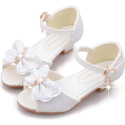 Girls Princess Shoes Shiny Childrens High Heels White Show Leather Shoes New Summer Girls Bowtie Paillette Performance Sandals