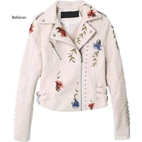 Women New Retro Floral Print Embroidery Faux Soft Leather Jacket Coat Turndown Collar Pu Moto Biker Black Punk Outerwear