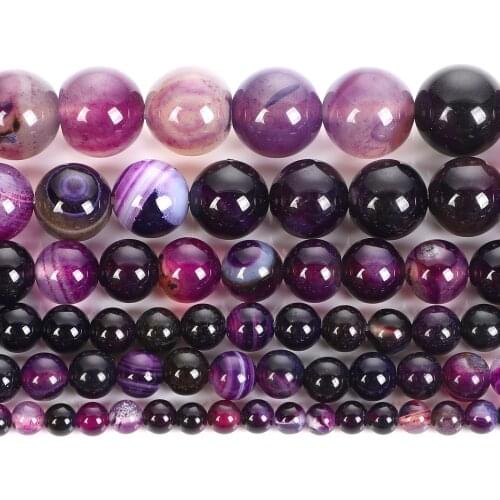 Natural Stone Purple Veins Agates Stripe Charm Round Loose Beads For Jewelry Making Needlework Bracelet Diy Strand 4-12MM