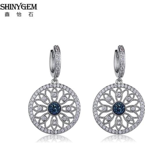 ShinyGem Natural Druzy Stone Earrings CZ Crystal Round Flower Earrings Silver Color Hollow Round Drop Dangle Earrings For Women