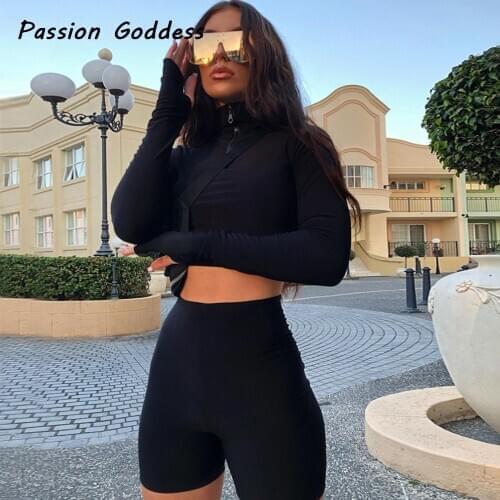 Womens 2 Piece Matching Set Long Sleeve Zipper Turtleneck Pullover Cropped Tops Tracksuits Slim Knee Length Bike Shorts Outfits
