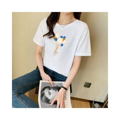 Womens Pullover Cotton Printed Short-sleeved T-shirt Ladies Tees Summer Casual Loose Female Large Size O Neck White Top T Shirt