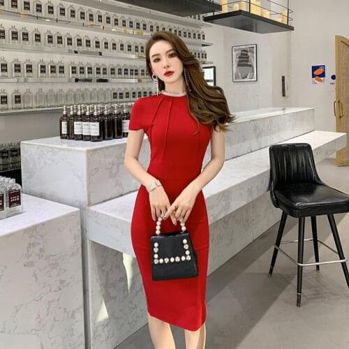 2021 Latest New Summer High End Women Show Slim Bodycon Dress Back Split Bandage Dresses Solid Color O-Neck Beading Vestidos