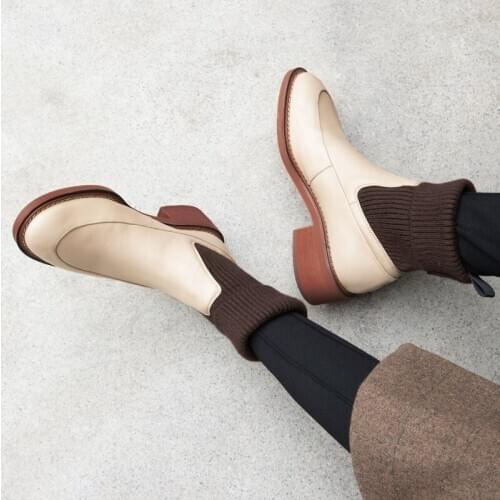 2020 New Sweet Female Short Boots Genuine Leather Square Heels Women Warm Socks Ankle Boots Dancing Party Shoes Woman