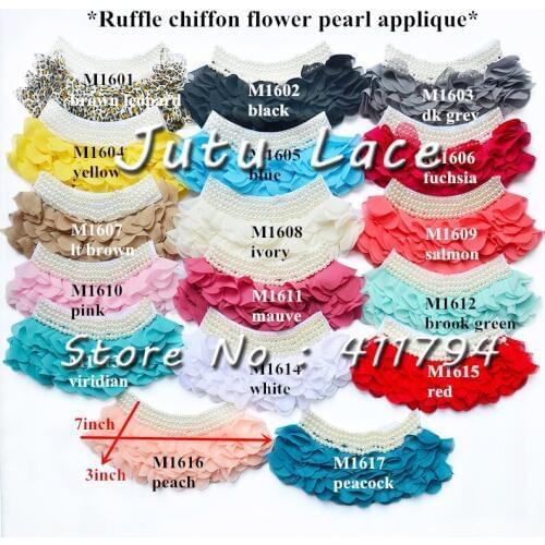 30 pcs/lot , 11 cm '' shabby chiffon flowers with pearl , collar chiffon flower for girl dress apparel hair accessories