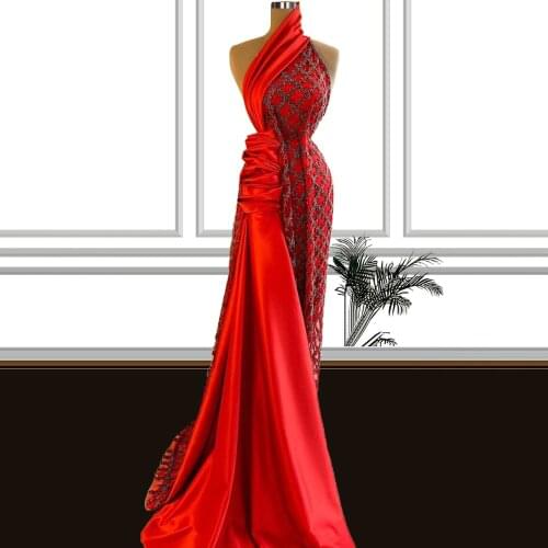 Glitter Red vestidos formales One Shoulder Side Long Ribbon Formal Dress Free Customized FOE31110