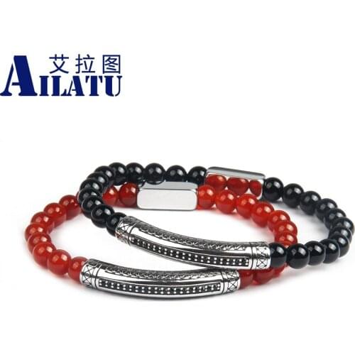 Ailatu New Stainless Steel Tube Bar Beaded Bracelets with 6mm Black & Red Onyx Stone Beads Top Quality Logo Couples Jewelry