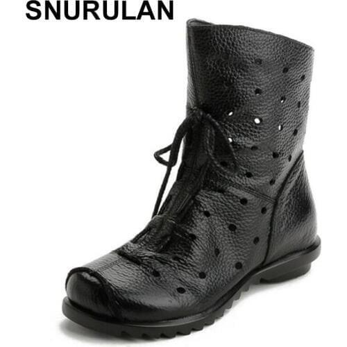 SNURULAN Brand Boots Hollow Black Soft Genuine Leather Shoes Women Boots 2018 Spring Breathable Fashion Casual Shoes Flat Boots