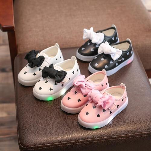 Kids Baby Infant Girls cartoon print Bowknot LED Luminous Shoes Sneaker Butterfly knot cute casual wear Little white shoeSH19045