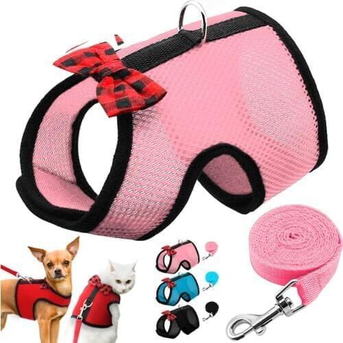 Breathable Small Cat Dog Harness Vest Adjustable Bowtie Nylon Mesh Puppy Kitten Harness Leash Set For Hamster Rabbit Chest Strap