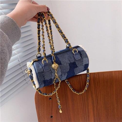 Denim Purses and Handbags for Women 2021 Designers Luxury Fashion Girls Female Shoppers Casual New Small Gold Bead Chain Wallets