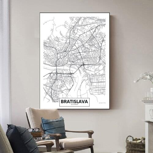 Famous City Map Slovakia Bratislava Print Canvas Painting Wall Art Pictures Black White Posters and Prints Bedroom Home Decor
