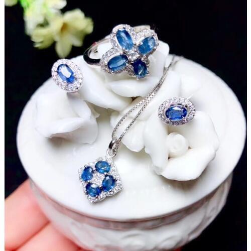 Natural blue sapphire gem 925 sterling silver ring earrings Pendant natural gemstone Jewelry Set Cross Game girl birthday gift