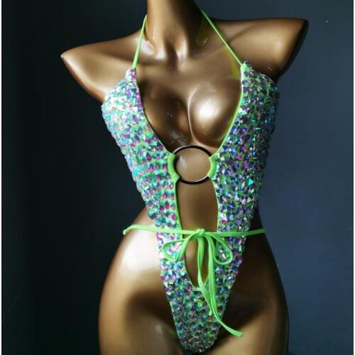 Nightclub Sexy DJ Pole Dancing Rhinestones Bodysuit Bar Women Dancer Stage Performance Crystals Leotard Rave Party Gogo Costume