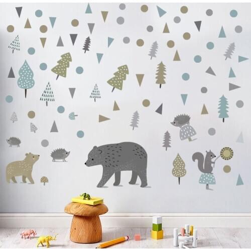 Forest Nordic Bear Wall Sticker Children Room Bedroom Wall Decor Decal Kindergarten Self-adhesive Decorative Aesthetic