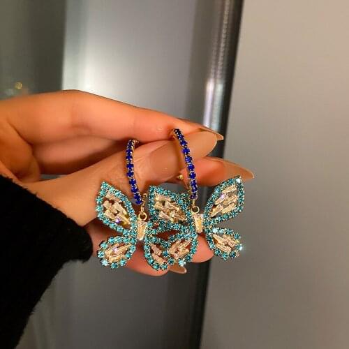 New Gold Plated Butterfly Zircon Crystal Pendant Earrings Charm Women Earrings Blue Rhinestone Wedding Party Jewelry Accessories