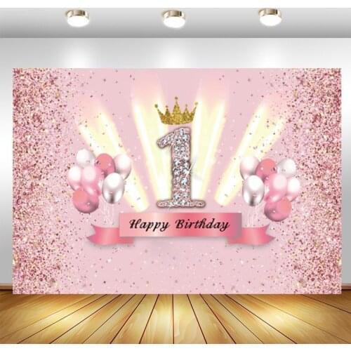 Pink Sweet 1th Photography Backdrop Crown Baby Shower Newborn Girls Happy Birthday Party Custom Photo Background Decor Banner