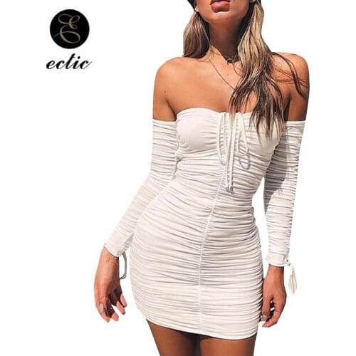 Sexy Dresses Party Night Club Dress 2021 Robe Femme Ete Off Shoulder Long Sleeve Bodycon Sukienka Knot Front Women Pleated Dress
