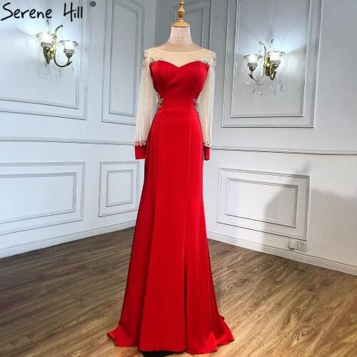 Serene Hill Red Tassel Beaded Evening Dresses Gowns 2021 Satin Mermaid Elegant For Women Party LA6618
