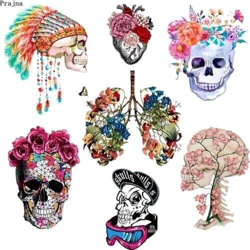 Prajna Skull Flower Iron-On Transfers Punk Heart Heat Transfer PVC Patch For Clothes T-shirt Thermal Transfer Hot Vynil Stickers