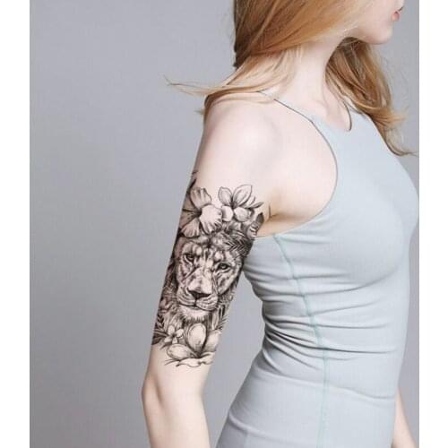 Waterproof Temporary Tattoo Sticker Black Cute Lion Flowers Leaves Fake Tattoos Flash Tatoos Arm Legs Body Art for Women Men
