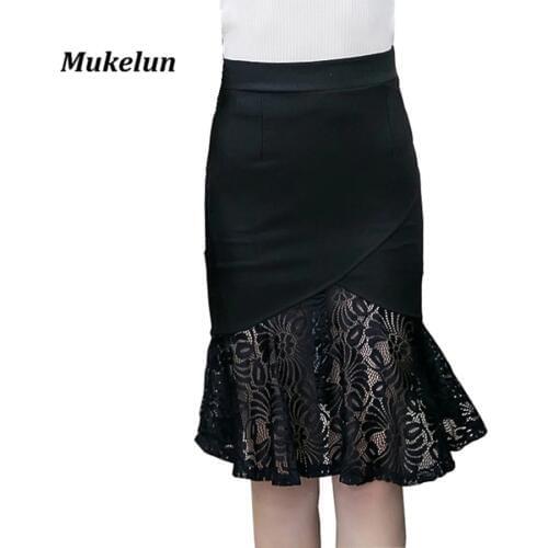 Fashion Spring Summer Women Sexy Slim Pencil Skirt High Waist Stretch Lady Black Lace Patchwork OL Office Skirts Plus Size