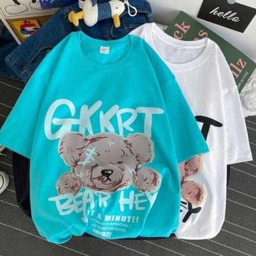 S-4XL Harajuku Streetwear Cotton Letter Bear Print Short Sleeve T-shirt Women Clothes Summer O-neck Couple Girls Tops Loose Tee