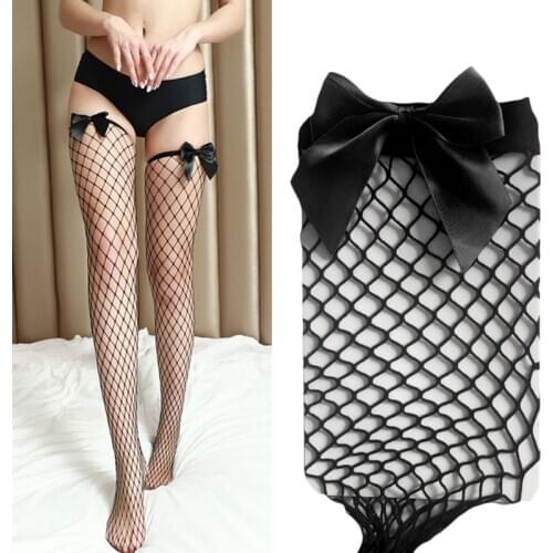 Womens Hollow Out Fishnet Sexy Thigh High Stockings Satin Bowknot Top Decor Transparent Nylon Over the Knee Long Socks